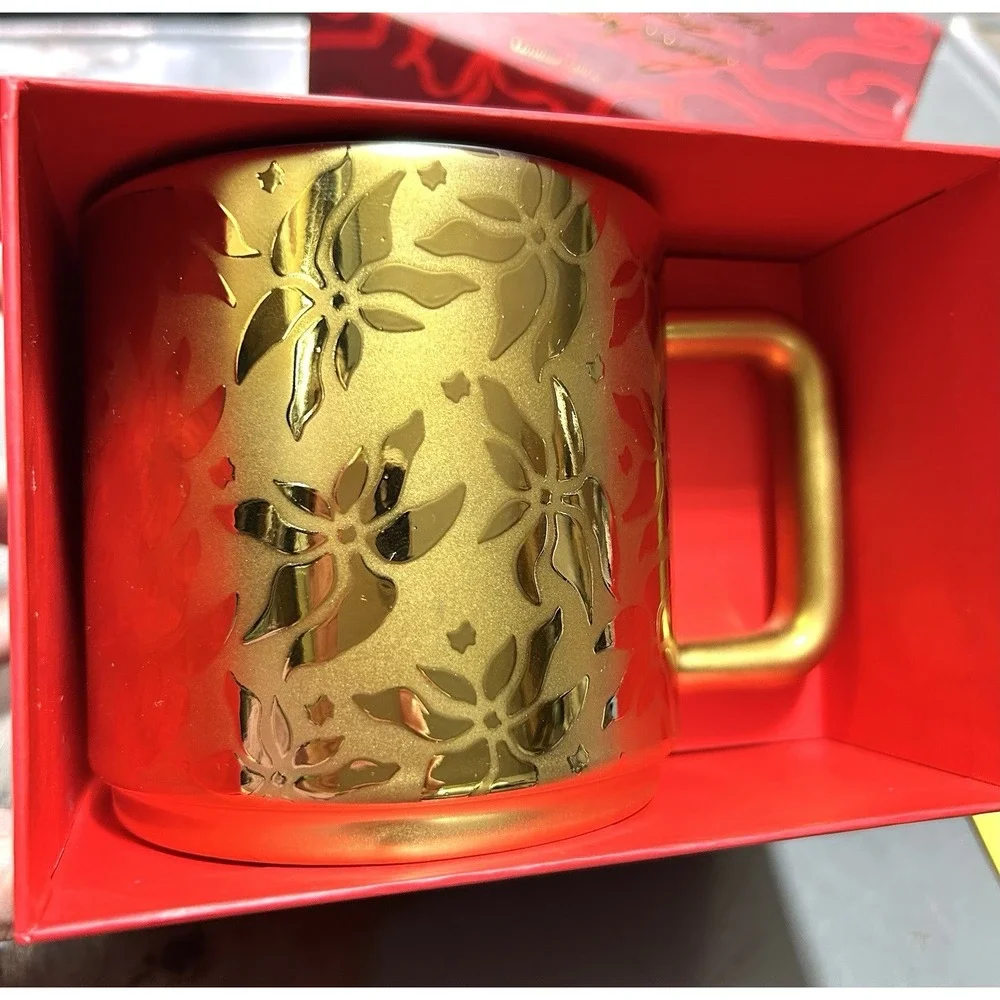 Starbucks Poinsettia Gold Ceramic Mug 14 oz Red Holiday Gift Box NIB 2025